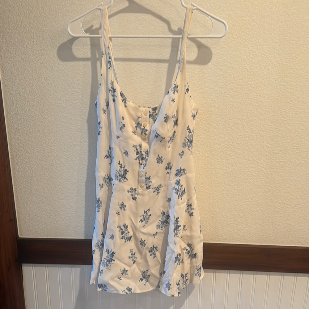 Reformation White Mini Dress with Blue Floral Print